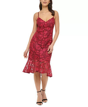 GUESS Women's Size 8 Pink Floral Lace Sleeveless Flounce-Hem Midi Dress NWT